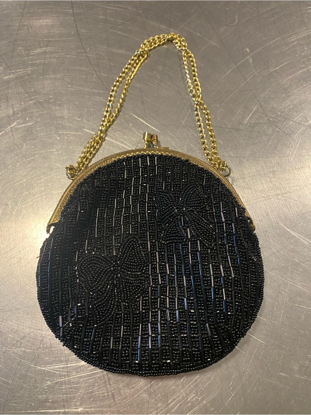 Vintage Black Beaded Round Evening Bag with Gold Chain